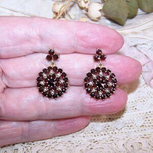 Victorian Revival 14K Gold Bohemian Garnet and Split Pearl Dangle Earrings